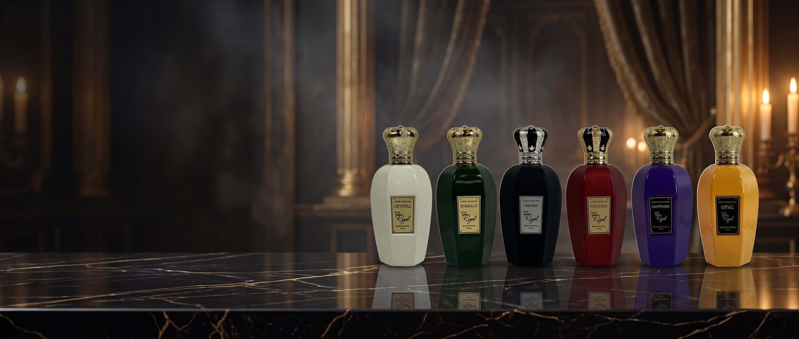 The six Regal Parfumes extraits together: The King, The Queen, Crystal, Emerald, Opal and Sapphire